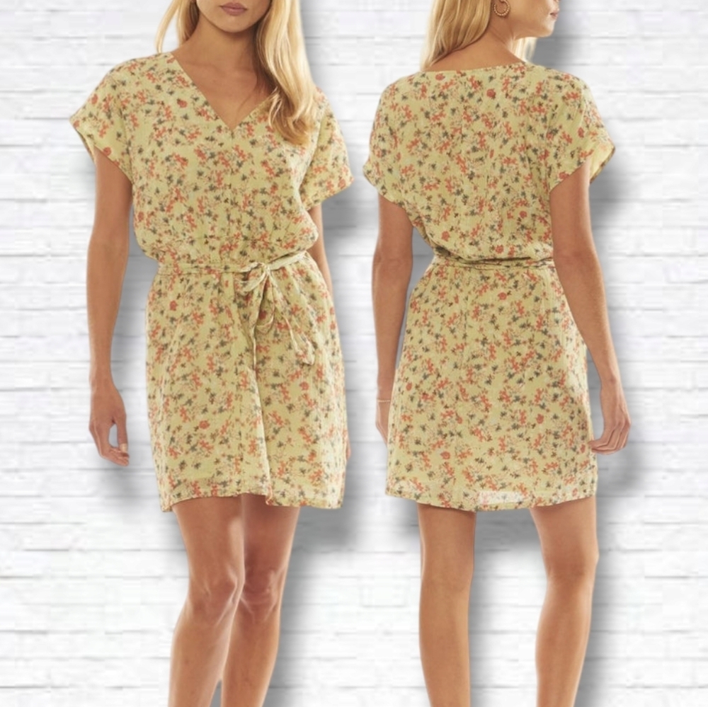 BNWT Amuse Society "Butterflies" Yellow Dolman Sleeve Summer Mini Dress Size M